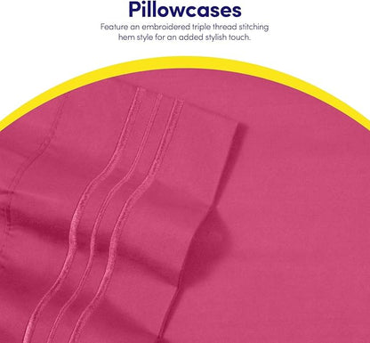 Sweet Home Collection Full Size Sheet Set with Built-in Sheet Straps - Deep Pocket Fitted Sheet, Flat Sheet & Pillowcases - Soft, Wrinkle-Free, Secure Fit - Fuschia