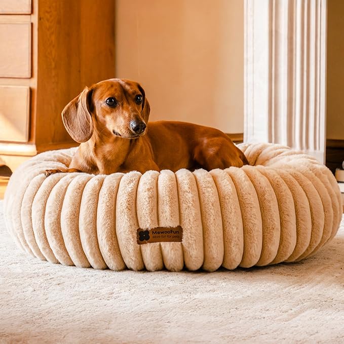 MEWOOFUN Donut Dog Beds for Small Dog, Calming Bed Round Cute Puppy Bed with Non-Slip Bottom, Fluffy Washable Pet Bed for Puppy and Kitten (Light Brown, S (25x25x7))-Mewly Pet