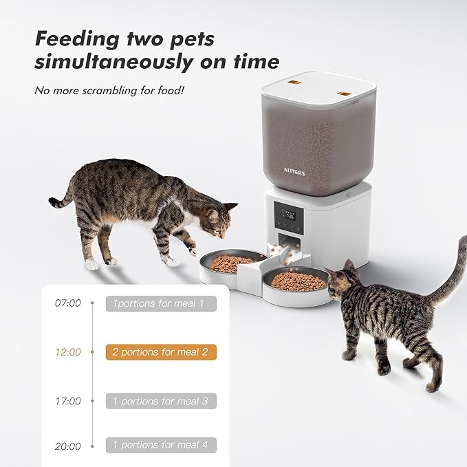 Automatic Cat Feeder for 2 Cats - 8L/34 Cups Large Capacity Auto Food Dispenser with LCD Screen, 2 Food Trays, Timed Cat Feeder, Up to 50 Portions 6 Meals Per Day, Keep Fresh, White-Mewly Pet