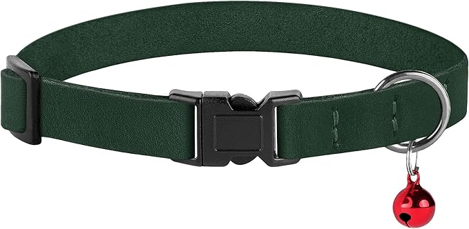 Breakaway Cat Collar Leather with Removable Bell - 13 Colors Available - Soft Adjustable Girl Boy Safety Lightweight Pet Kitten Collars Pink Brown Blue Green Red Orange Black (Emerald)-Mewly Pet