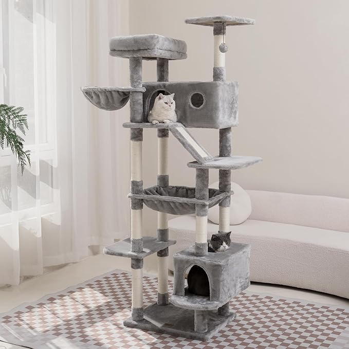 73 inches Large Cat Tree for Indoor Cats, Tall Cat Tower with Sisal Scratching Posts and Pads, Padded Plush Perch, Cozy Basket, Plush Condo for Large Cats (Grey)-Mewly Pet