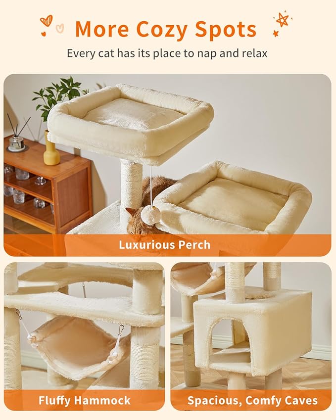 Taoqimiao Cat Tree, 71-Inch Cat Tree Cat Tower for Indoor Cats, Plush Multi-Level Cat Condo with 10 Scratching Posts, 2 Perches,Basket, 2 Caves,Hammock, 2 Pompoms,MS020M Beige-Mewly Pet