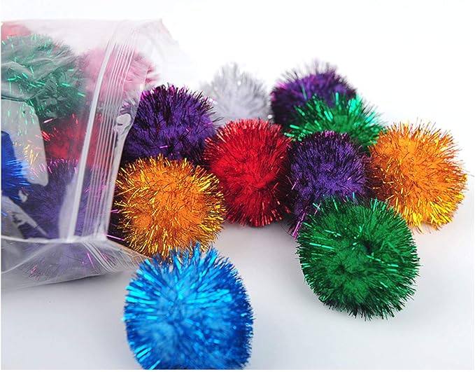 20 Pack 2 Inches Sparkle Balls for Cats, Large Size, Glitter Pom Poms Fuzzy Balls for Cats, Kitten Indoor Assorted Color Random-Mewly Pet