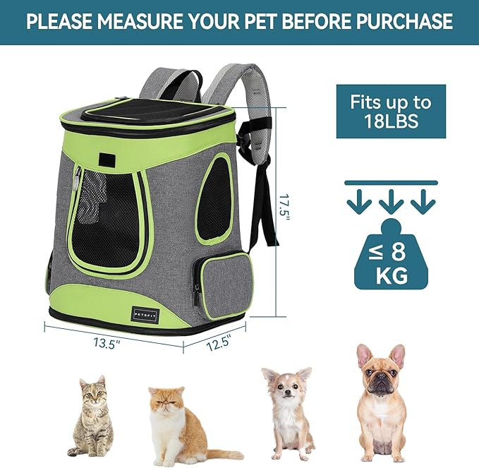 Petsfit Pet Backpack Carrier Easy-Fit Dog Travel Backpack Carrier for Hiking Walking Cycling Suitable for Small Medium Dogs Cats and Rabbits up to 22 Pounds, Green-Mewly Pet
