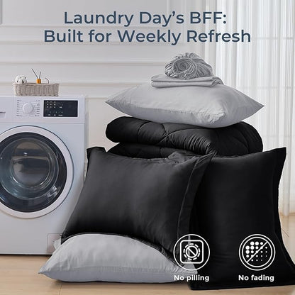 HEVUMYI King Comforter Set - 7-Piece All Season Bed in a Bag King, Ultra Soft Bedding Set with Comforter, Flat Sheet, Fitted Sheet, Pillowcases, Pillow Shams, Black & Light Grey