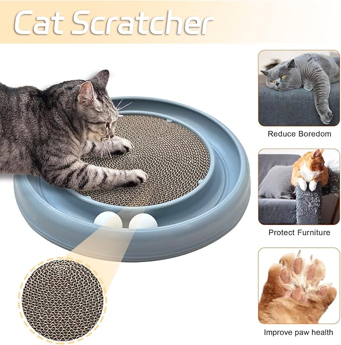 Interactive Cat Ball Track Toy for Indoor Cats, Cat Scratching Board & Exercise Set for Bored Indoor Adult and Kitten Mental & Physical Stimulation, with Spare Ball to Prevent Loss (Grey)-Mewly Pet