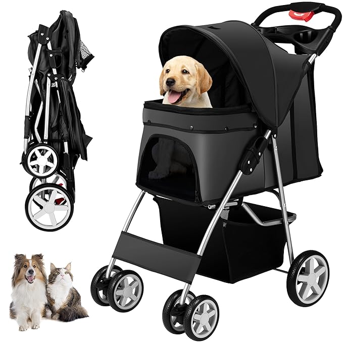 4 Wheels Pet Stroller for Small Medium Dogs Cats 10-33 lbs, Foldable Dog and Cat Stroller with Cup Holder & Storage Basket & Breathable Mesh, Pet Strolling Cart for All-Season, Black-Mewly Pet