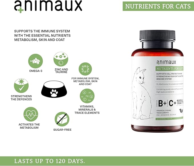animaux – nutrients for Cats, All-Natural Cat Vitamins, Cat Essentials to Strengthen The Immune System & Natural Cell Protection, Healthy Skin & Shiny Coat, 120 Chewable Tablets, 120 Days Supply-Mewly Pet