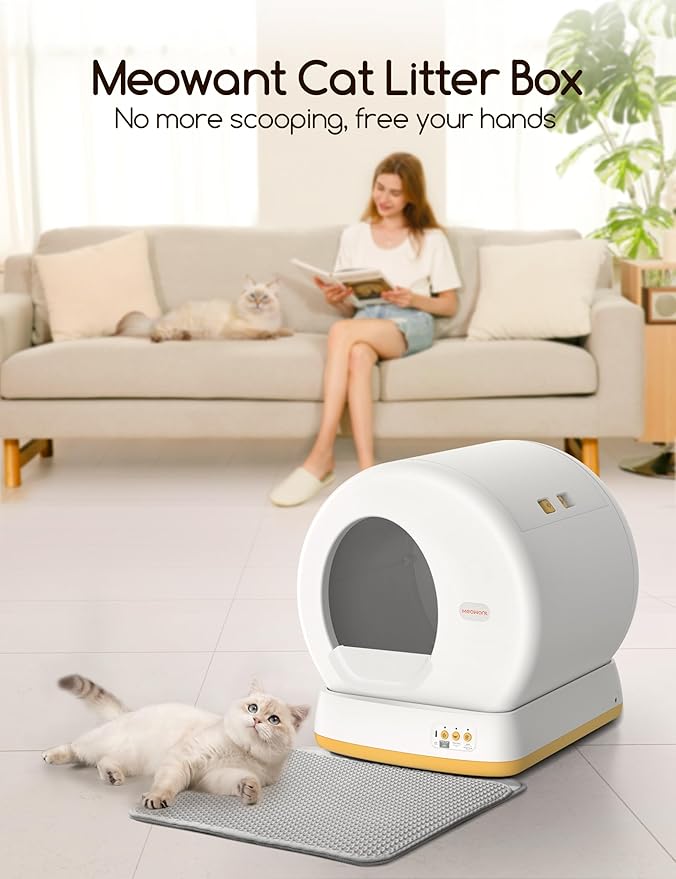 MeoWant Self-Cleaning Cat Litter Box, Advanced Safety System Automatic Cat Litter Box Perfect for Multi Cats, Extra Large/Odor Control/APP Control Smart Cat Litter Box with Mat & Liner, Yellow-Mewly Pet