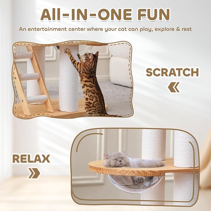 63'' Tall Modern Cat Tree for Indoor Cats, Luxury Cat Tree, Multi-Level Wood Climb Tower for Large Cat, Heavy Duty Kitty House with Transparent Bowl, Large Perches with Removable Cushion-Mewly Pet
