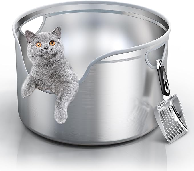 Stainless Steel Litter Box Metal with Integrated Round for XL/XXL Big and Multi Cats, 12" High Wall High Side, Odor Control, Easy to Clean, Durable, Includes Stainless Steel Scoop-Mewly Pet
