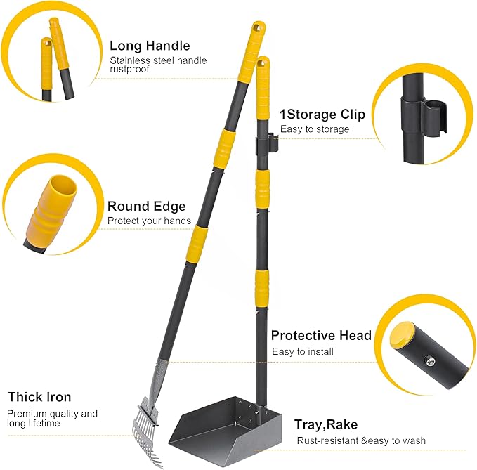 Niubya Pooper Scooper for Dogs, Metal Poop Scooper Tray and Rake Set with Adjustable Long Handle, Dog Pooper Scooper for Pet Waste Removal-Mewly Pet