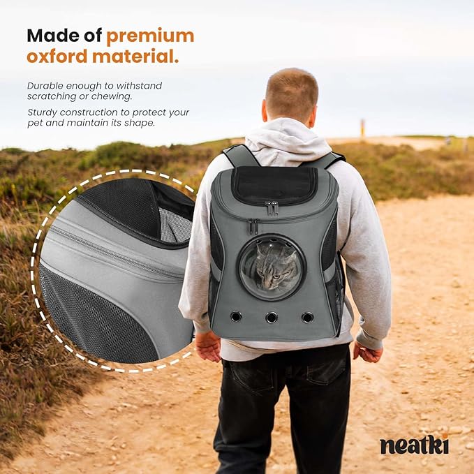 Cat Backpack Carrier, Airline Approved, Space Capsule Bubble Design, Ideal for Cats & Dogs up to 28-35 lbs, with Strong Straps, Safety Zippers, Mesh, Comfortable for Hiking & Travel (Grey)-Mewly Pet