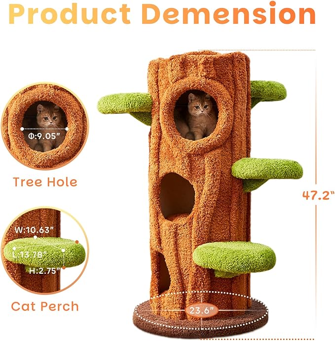 47.2'' Natural Wooden Cat Tree, Modern Cat Condo for Indoor Kitten, Multi-Level Cat Tower with Cat Perch and Scratching Pad for Multi-Cat Families-Mewly Pet