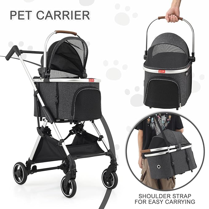 MoNiBloom Pet Stroller for Small/Medium Dogs w/Detachable Carrier & Lightweight Aluminum Frame, Folding Jogging Travel Stroller, Dark Gray-Mewly Pet