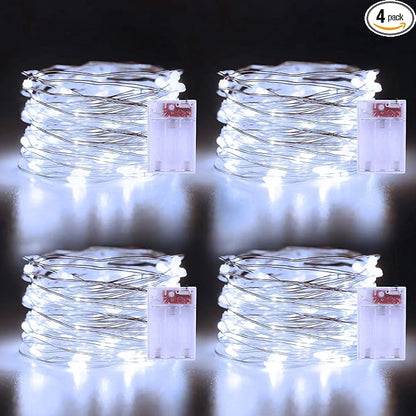Christmas Fairy Lights Battery Operated 4 Pack 16.4Ft 50 LEDs Silver Copper Wire Twinkle Lights with 2 Lighting Modes for Bedroom Indoor Outdoor WeddingYard Decoration (Cool White)