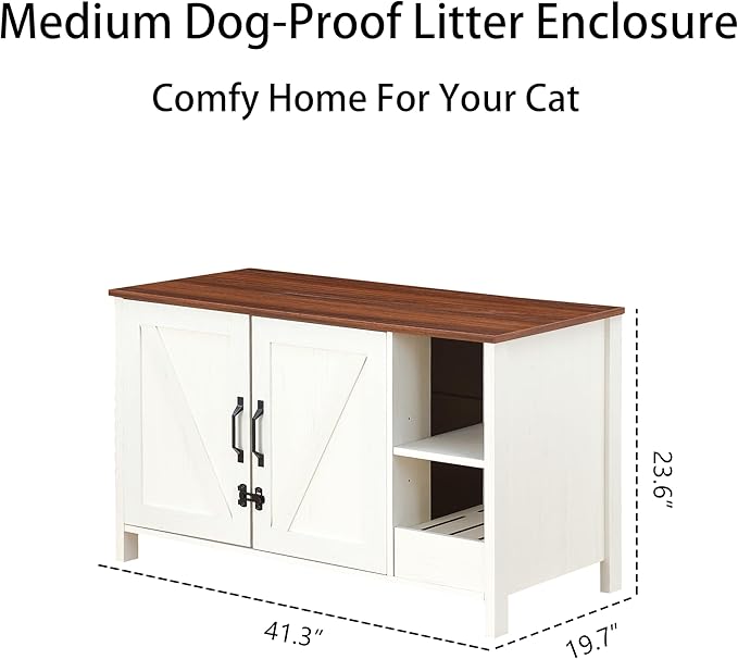 41.3'' Cat Litter Enclosure,Adjustable Shelf for Dog Proof and Storage,Locks Added for Cat, Litter Collector,Small Indoor Cat House,Antique White-Mewly Pet