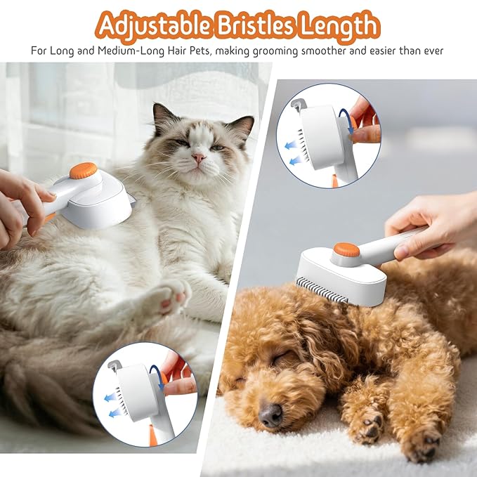 Self Cleaning Slicker Brush, 2-in-1 Cat Brush for Shedding, Skin Friendly Grooming Tool for Long & Medium-Long Hair Pets, Adjustable Bristle Length with Dematting Comb for Cats, Dogs (Orange)-Mewly Pet
