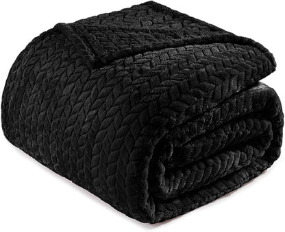 Exclusivo Mezcla Fleece Queen Size Blanket for Bed, 90x90 Inches Soft Cozy Jacquard Flannel Blankets, Lightweight Fuzzy Plush Warm for Winter, Black