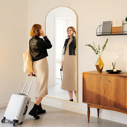 DUMOS Arched Wall-Mounted Full Length Mirror 27"x71" for Bedroom, Full Body Floor Mirror with Stand, Hanging or Leaning for Wall, Gold