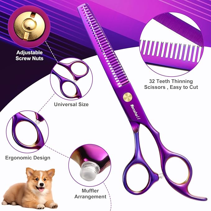 Professional Dog Grooming Scissors Set - 6.5" Thinning, 7" Straight, 7" Up-Curved, 7" Down-curved Scissors and Comb for Dog Cat Pet (Purple)-Mewly Pet