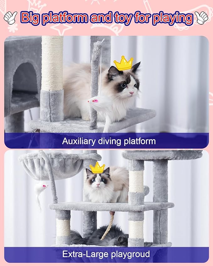 Cat Tree, Cat Tower for Large Cats with 2 Big Platforms, 2 Baskets, condo and Toys, 63" Cat Scratching Posts for Indoor Cats, Light Gray GCT020W-Mewly Pet