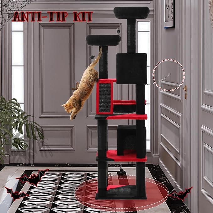 PAWZ Road 70 Inch Cat Tower, Gothic Cat Tree with 2 Cozy Condos, 2 Plush Perch, Large Basket, 2 Scraching Pad & 6 Scraching Posts for Indoor Cats Large Adult-Mewly Pet