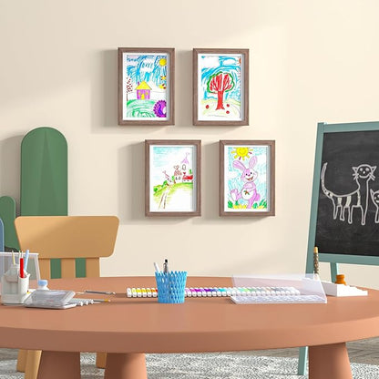 KINLINK A4 Kids Art Frames Set of 2, Solid Wood Kids Artwork Frames Changeable with Acrylic Front Opening Holds 150 Pictures 8.3x11.7, Art Frame for Kids Artwork with Mat or without Mat, Brown Wood