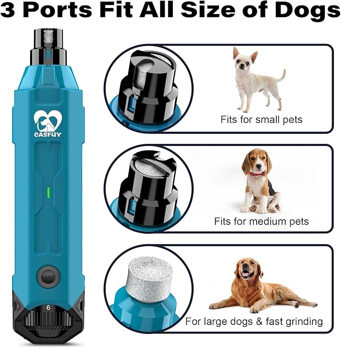 Casfuy 6-Speed Dog Nail Grinder - Newest Enhanced Pet Nail Grinder Super Quiet Rechargeable Electric Dog Nail Trimmer Painless Paws Grooming & Smoothing Tool for Large Medium Small Dogs (Bright Blue)-Mewly Pet