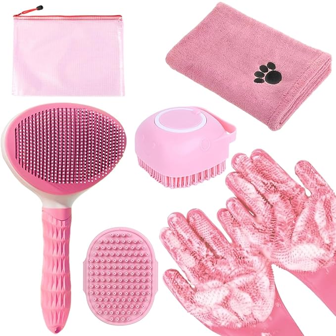 Bath Grooming Kit for Pets - Hair Brush Set with Towel, Washing Gloves, and Shampoo Scrubber Brush for Dogs and Cats (Pink)-Mewly Pet