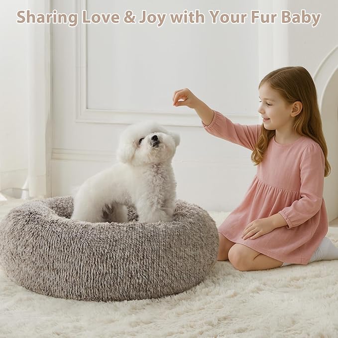 WNPETHOME Calming Dog Bed Cat Bed Donut, Faux Fur Pet Bed Self-Warming Donut Cuddler, Comfortable Round Plush Dog Beds (27 x 27 Inch, Light Coffee)-Mewly Pet