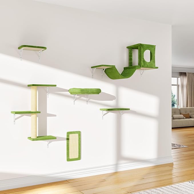 NUNU LAB Wall Mounted Cat Furniture, 6 Pcs Cat Wall Shelves with Condo House, Bridge, Steps, Scratcher, Hammock, Indoor Safe & Stable Furniture for Kittens Play, Green-Mewly Pet