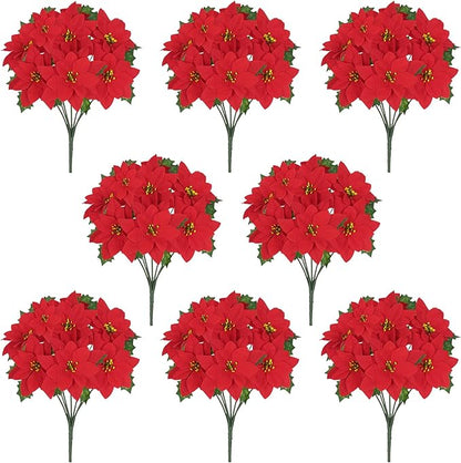 8 Pack Poinsettia Flowers Artificial Christmas Decorations, Red Poinsettia Flowers for Christmas Tree, Velvet Poinsettias Artificial Flowers for Xmas Decor DIY for Home Vase Indoor Outdoor Garden
