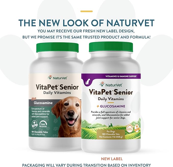 NaturVet VitaPet Senior Daily Vitamins Plus Glucosamine, Dog Multivitamin Supplement, Chewable Tablets, Time Release, Made in The USA with Globally Source Ingredients 180 Count-Mewly Pet
