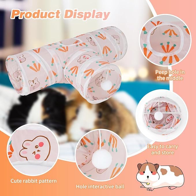 Rypet Guinea Pig Tunnel 3 Way Collapsible Small Pet Tunnels and Tubes with Interactive Ball for Baby Rabbit Ferret Hamster Chinchilla Hedgehog Hiding and Resting-White-Mewly Pet