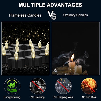 Battery Operated LED Tea Lights: 12PACK Flameless Votive Candles Lamp Realistic and Bright Flickering Holiday Gift Long Lasting 200Hours for Seasonal & Festival Celebration Black