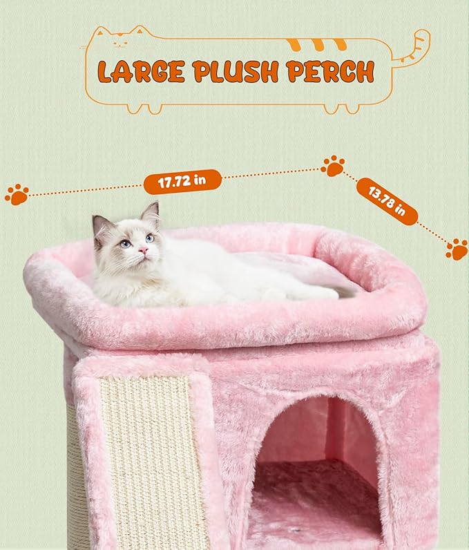 SYANDLVY Small Pink Cat Tree with Perch for Indoor Cats, Cat Tower with Scratching Post, Modern Activity House for Large Cats, Condo with Board, Kittens Cave-Mewly Pet