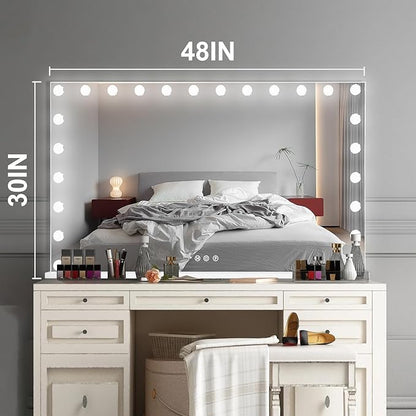 Hollywood Vanity Mirror with Lights, 24 Dimmable Bulbs, 3 Color Lights,Make Up Lighted Mirror, Aluminum Metal Frame, USB Charging Port（48" x 30"）