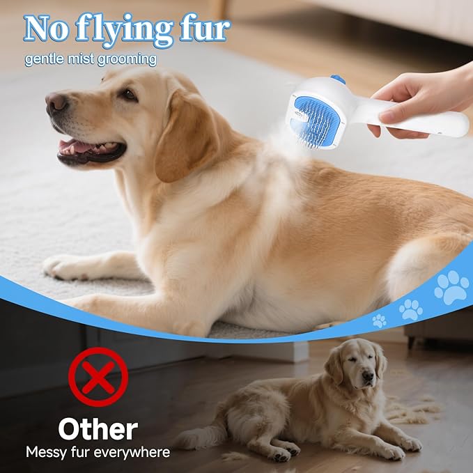 Pet Steam Brush for Dog & Cat - 3-in-1 Steam Grooming Brush for Shedding & Hair Removal - Self Cleaning Spray Comb with Mist for Long Haired Pets, Blue-Mewly Pet