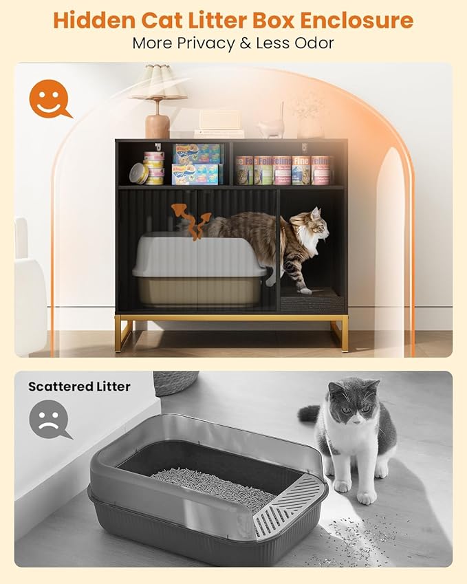 Cat Litter Box Enclosure, Large Hidden Pet Storage Cabinet Furniture with Waveform Fluted Doors & Scratching Pad, Modern Wooden Cat House Indoor for Washroom, Living Room, Bedroom, Black-Mewly Pet
