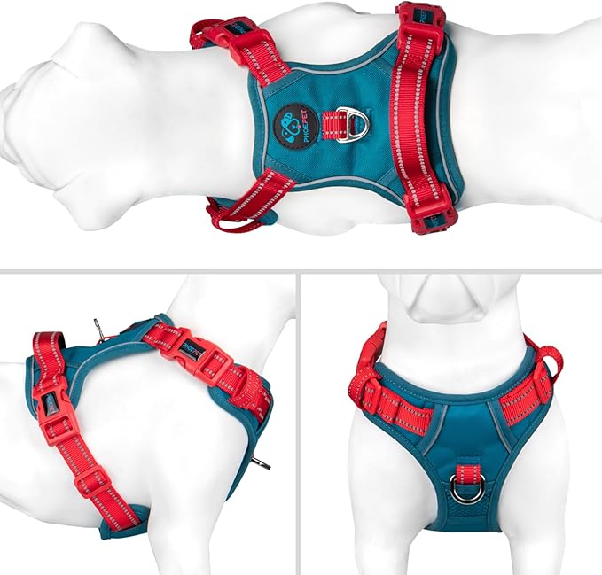 PHOEPET No Pull Dog Harness, Unique Colors Reflective Adjustable Dog Vest, with Soft Training Handle Metal Clips for Small Medium Large Dogs (Teal Base & Red Straps,L)-Mewly Pet