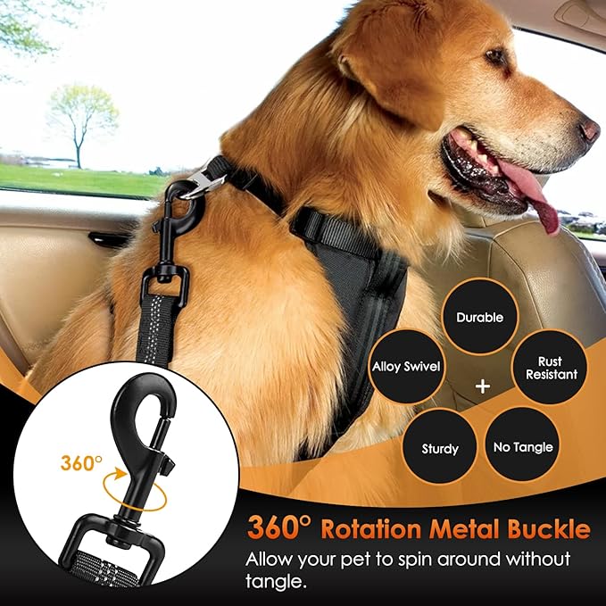 SlowTon Dog Seat Belt, Adjustable Dog Safety Belt Leash, 2 in 1 Latch Bar Attachment Dogs Car Seatbelt with Elastic Nylon Bungee Buffer, Reflective Nylon Belt Tether Connect to Dog Harness(B,35.5in)-Mewly Pet