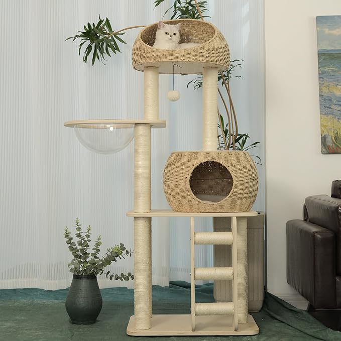 Rattan Cat Tree for Indoor Cats,Tall Cat Tree Tower with Cat Scratching Post,Wood Cat Tower for Indoor Cats,57.5 Inch Tall-Mewly Pet