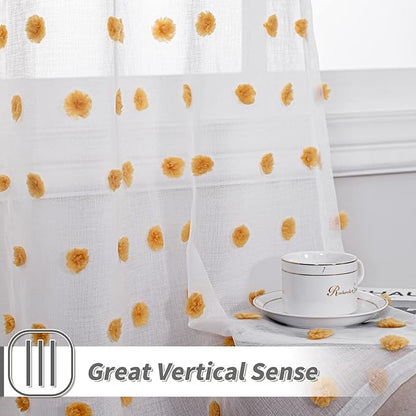 MYSKY HOME Large Pom Pom White Sheer Curtains for Living Room - 108 Inch Burnt Orange - Extra Long Light Filtering Rod Pocket Window Panels - 52 x 108 inch - 2 Pieces