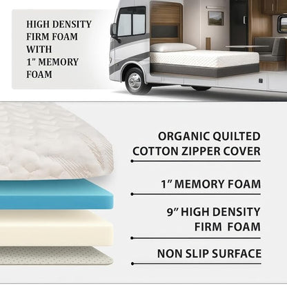 Foamma 10” x 42” x 80” Camper/RV Travel Gel Memory Foam Foam Bunk Mattress, Organic Cotton Cover, Made in USA, Comfortable, Travel Trailer, CertiPUR-US Certified