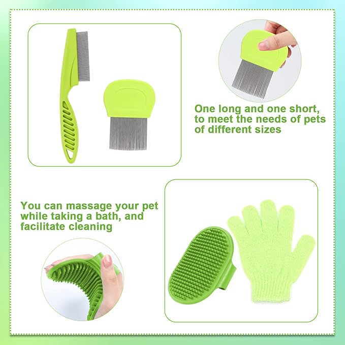 VCZONE 8 Pcs Small Animal Grooming Kit, Pink with Pet Nail Clipper and File, Flea Comb, Pet Shampoo Bath Brush, Pet Shedding Slicker Brush, Bath Massage Glove, Cleaning Comb (Green)-Mewly Pet