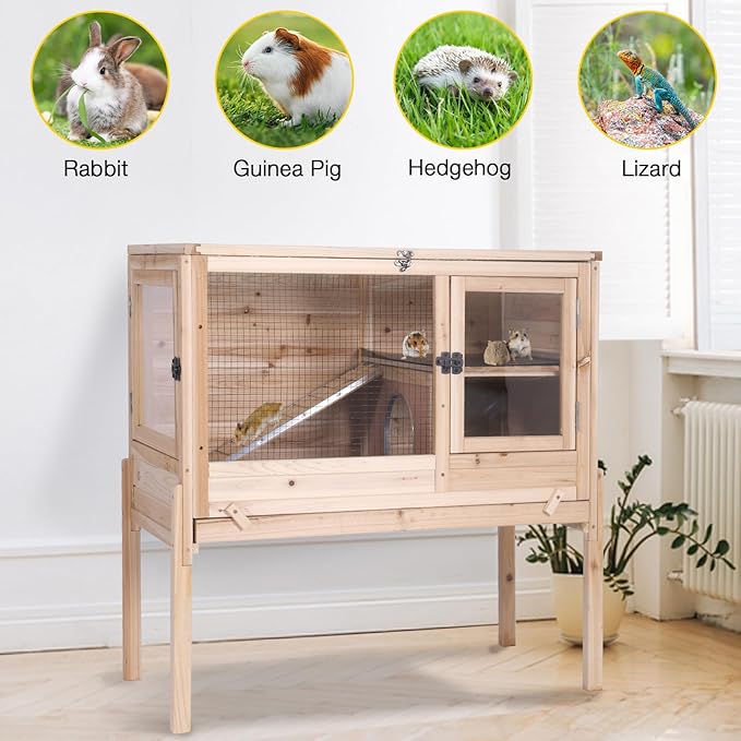 Aivituvin Wooden Guinea Pig Cages Indoor with Removable Stand, Anti Chewing Rabbit Hutch with Ramp and Wire Mesh, 2 Story Small Animals House Habitat with Pull Out Tray (Light Natural Wood)-Mewly Pet