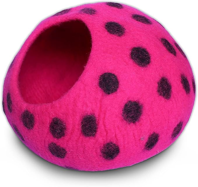Woolygon Premium Felt Cat Cave Bed - Polka Dot Series - Wool Kitty Beds Handcrafted Kitten Caves Bed for Indoor Cats - Eco-Friendly Merino Wool, Foldable Cat Hideaway Cat Houses (Pink/Black Dots)-Mewly Pet