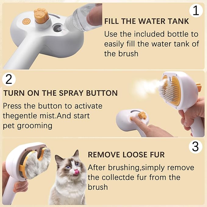 Pet Steam Brush for Dogs and Cats - 4-in-1 Spray Detangling Comb - Steam Detangling and Grooming - Water Brush for Long and Short Haired Pets - Includes Waterless Shampoo and Comb-Mewly Pet