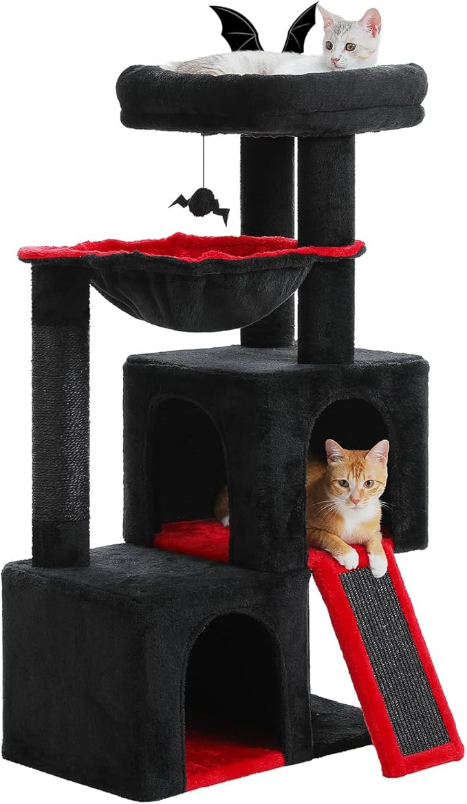 PAWZ Road Large Cat Tree, 41 Inches Gothic Cat Tower with 2 Spacious Condos for Indoor Cats, Large Black Cat House with Comfy Hammock, Padded Perch, Scratching Pad and Replaceable Balls-Black-Mewly Pet